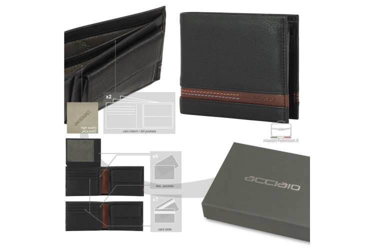 Klassische Herrenbrieftasche aus Schwarz/Kastanie Leder mit Münzfach und Ausweisklappe