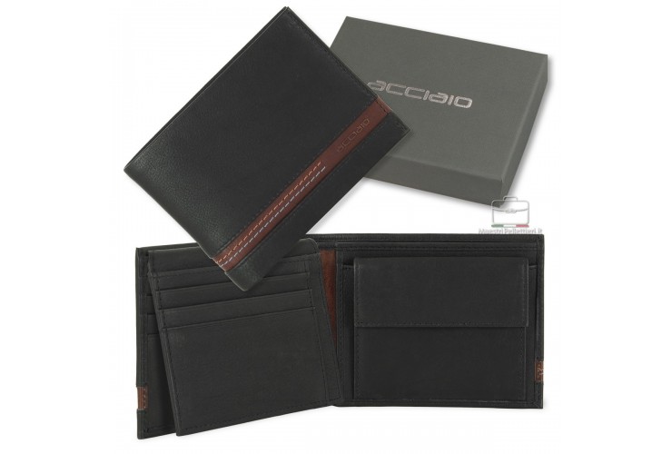 Klassische Herrenbrieftasche aus Schwarz/Kastanie Leder mit Münzfach und Ausweisklappe