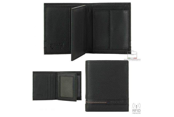 Portafoglio mini da uomo in pelle con portamonete e aletta Nero Portafoglio mini da uomo in pelle con portamonete e aletta Nero