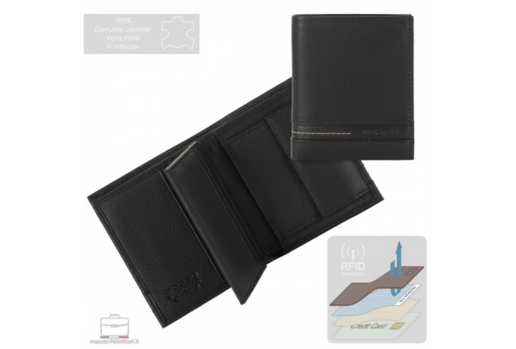 Portafoglio mini da uomo in pelle con portamonete e aletta Nero Portafoglio mini da uomo in pelle con portamonete e aletta Nero