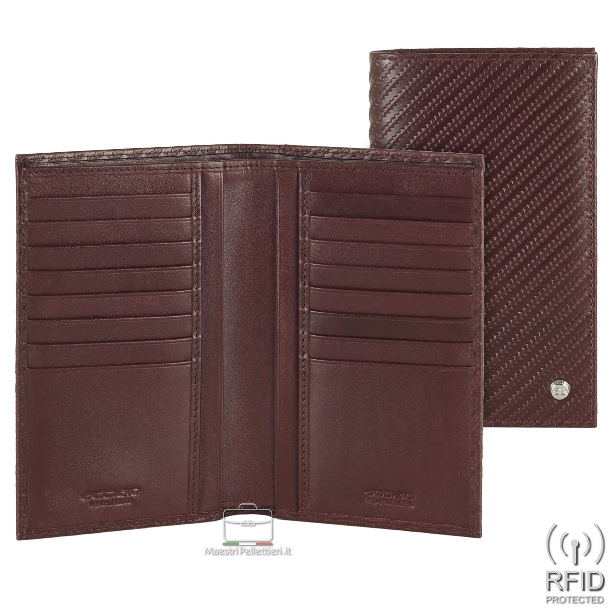 Men's vertical long wallet in Twist leather Burgundy, 16 credit