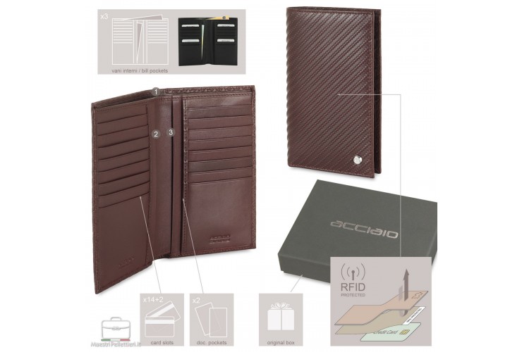 Men's vertical long wallet in Twist leather Burgundy, 16 credit cards | Acciaio Men's vertical long wallet in Twist leather Burgundy, 16 credit cards