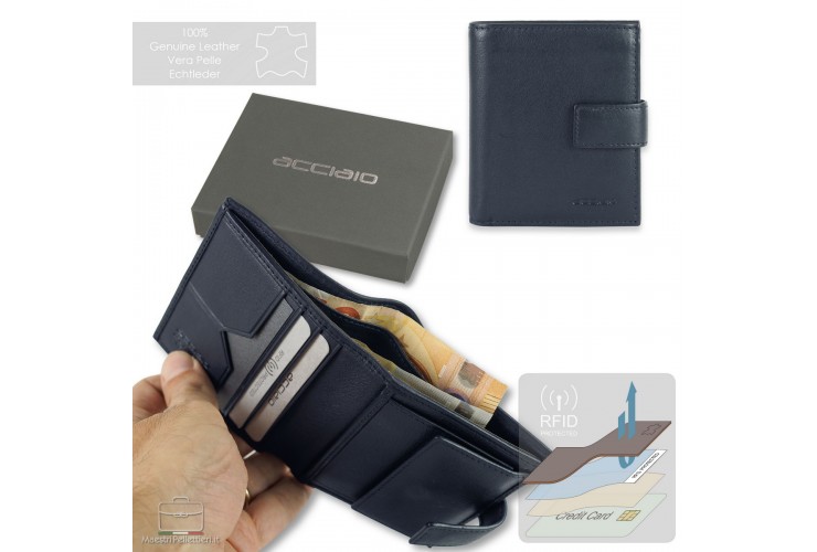 Portafoglio piccolo pelle 3cc portamonete linguetta Rfid Blu