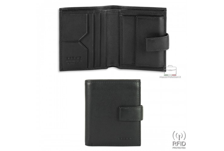 Portafoglio piccolo pelle 3cc portamonete linguetta Rfid Nero Portafoglio piccolo pelle 3cc portamonete linguetta Rfid Nero
