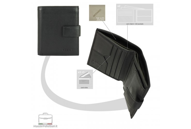 Portafoglio piccolo pelle 3cc portamonete linguetta Rfid Nero Portafoglio piccolo pelle 3cc portamonete linguetta Rfid Nero