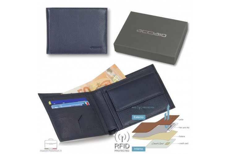 Portafoglio Anti RFID uomo pelle con portamonete 5c/c doc.identità Blu