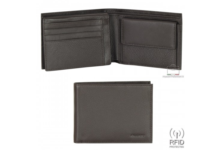 Men's RFID wallet with coinpocket and flap bifold 8c/c in leather Brown