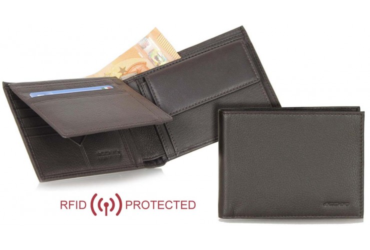 Men's RFID wallet with coinpocket and flap bifold 8c/c in leather Brown