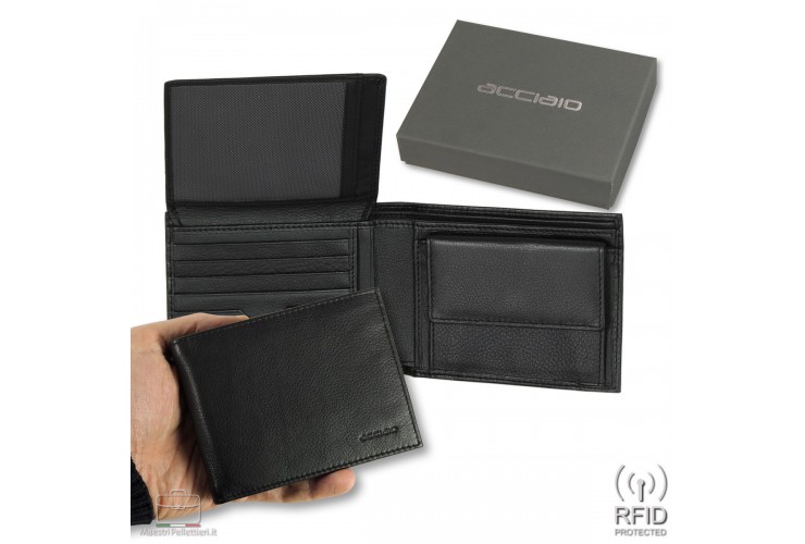 Portafoglio Anti RFID uomo pelle con portamonete 8c/c ribaltina Nero Portafoglio Anti RFID uomo pelle con portamonete 8c/c ribaltina Nero