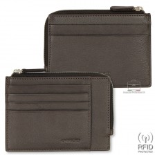 Slim RFID wallet for men with zip 4 card slots in leather Brown