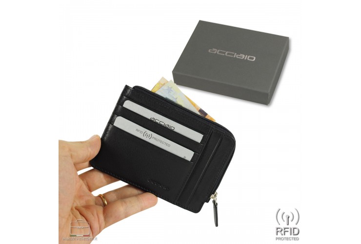 Ausweisetui schlanke RFID portemonnaie mit reißverschlussfach aus leder Schwarz Ausweisetui schlanke RFID portemonnaie mit reißverschlussfach aus leder Schwarz