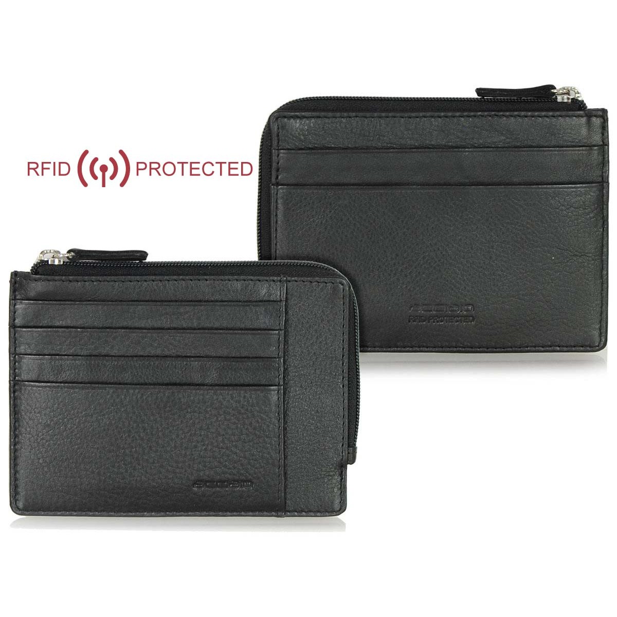 Portafoglio Anti RFID piatto uomo con zip in pelle Nero | Acciaio