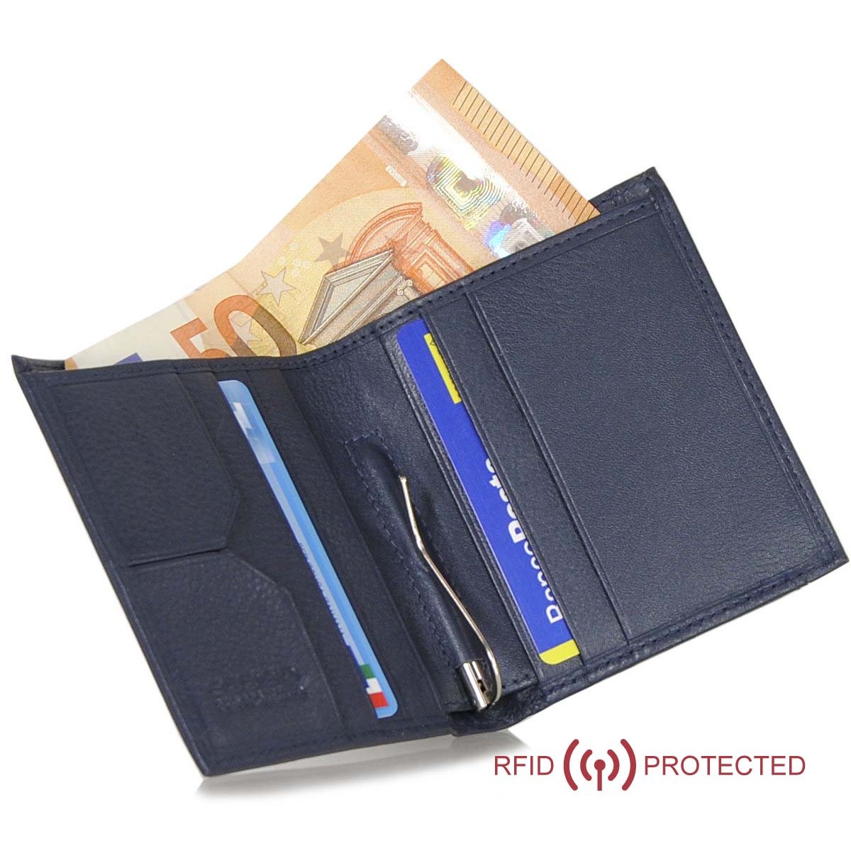 Portafoglio Anti RFID uomo con fermasoldi, pelle Blu | Acciaio