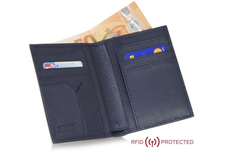 Portafoglio Anti RFID verticale da taschino in pelle Blu
