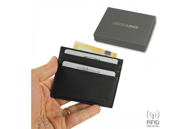 Porta credit card piatto 6cc da taschino in pelle Rfid Nero