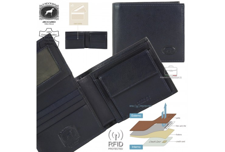 Herren Portemonnaie Anti-Rfid 8kk münzfach und Klappe aus Leder Blau Herren Portemonnaie Anti-Rfid 8kk münzfach und Klappe aus Leder Blau