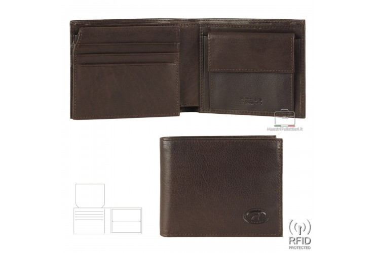 Portafoglio uomo anti-rfid 8cc portamonete e ribaltina in pelle Marrone/Moka Portafoglio uomo anti-rfid 8cc portamonete e ribaltina in pelle Marrone/Moka