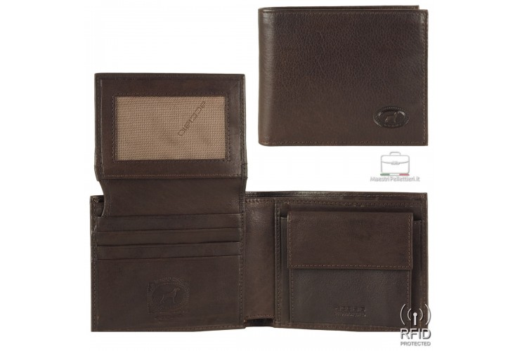 Portafoglio uomo anti-rfid 8cc portamonete e ribaltina in pelle Marrone/Moka Portafoglio uomo anti-rfid 8cc portamonete e ribaltina in pelle Marrone/Moka