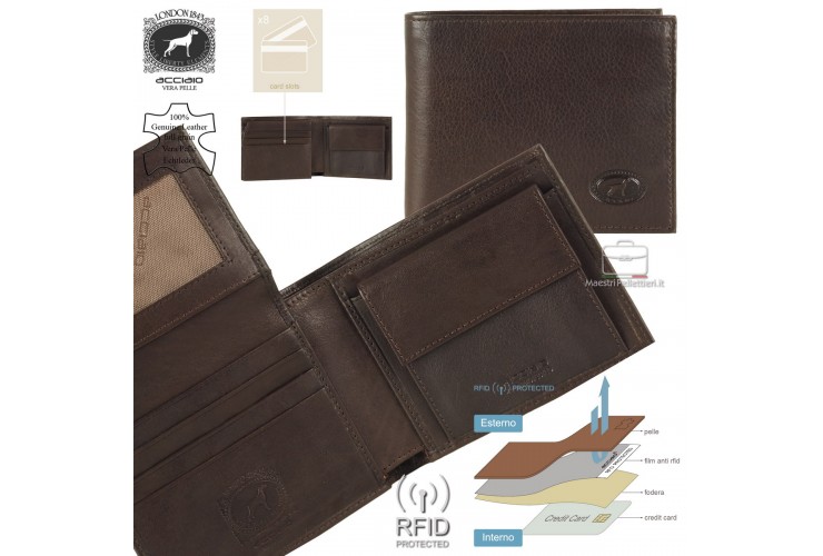 Portafoglio uomo anti-rfid 8cc portamonete e ribaltina in pelle Marrone/Moka Portafoglio uomo anti-rfid 8cc portamonete e ribaltina in pelle Marrone/Moka