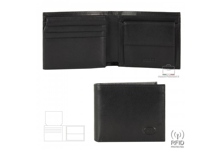 Portafoglio uomo anti-rfid 8cc portamonete e ribaltina in pelle Nero Portafoglio uomo anti-rfid 8cc portamonete e ribaltina in pelle Nero