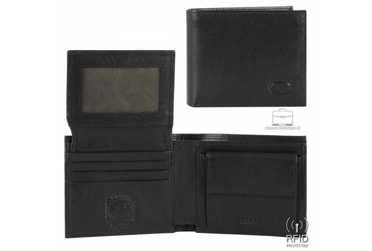 Portafoglio uomo anti-rfid 8cc portamonete e ribaltina in pelle Nero Portafoglio uomo anti-rfid 8cc portamonete e ribaltina in pelle Nero