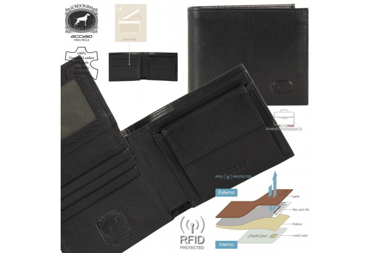 Portafoglio uomo anti-rfid 8cc portamonete e ribaltina in pelle Nero Portafoglio uomo anti-rfid 8cc portamonete e ribaltina in pelle Nero
