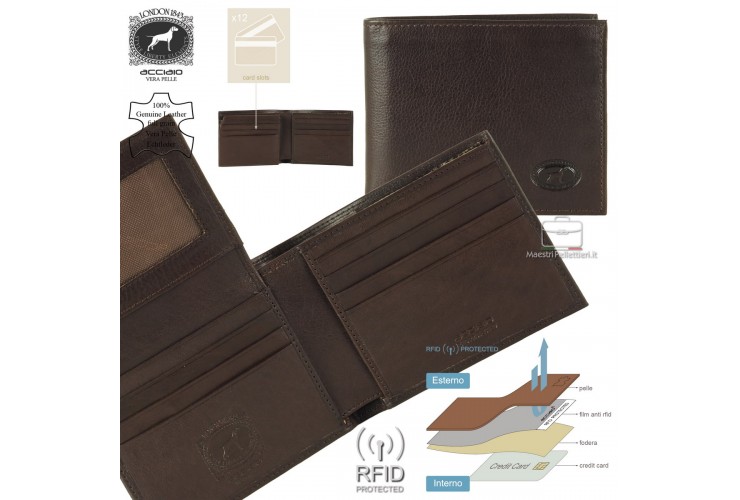 Portafoglio uomo anti-rfid 12cc con ribaltina in pelle Marrone/Moka
