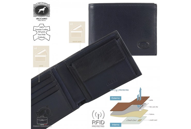 Men's wallet classic anti-rfid 7cc coin pocket in leather Blue
