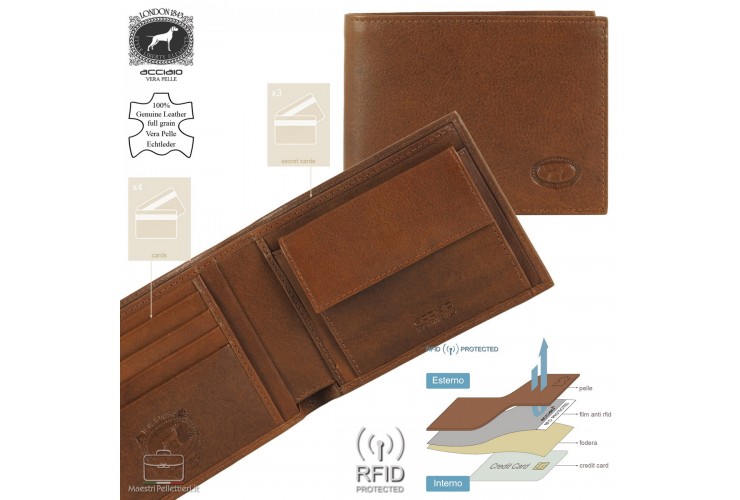 Portafoglio uomo classico anti-rfid 7cc con portamonete in pelle Marrone/Castagno Portafoglio uomo classico anti-rfid 7cc con portamonete in pelle Marrone/Castagno
