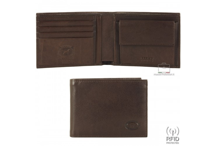 Portafoglio uomo classico anti-rfid 7cc con portamonete in pelle Marrone