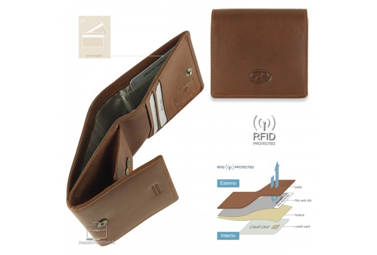 Small mini wallet with box coinpocket and 3 cards - Italian vegetable leather Brown