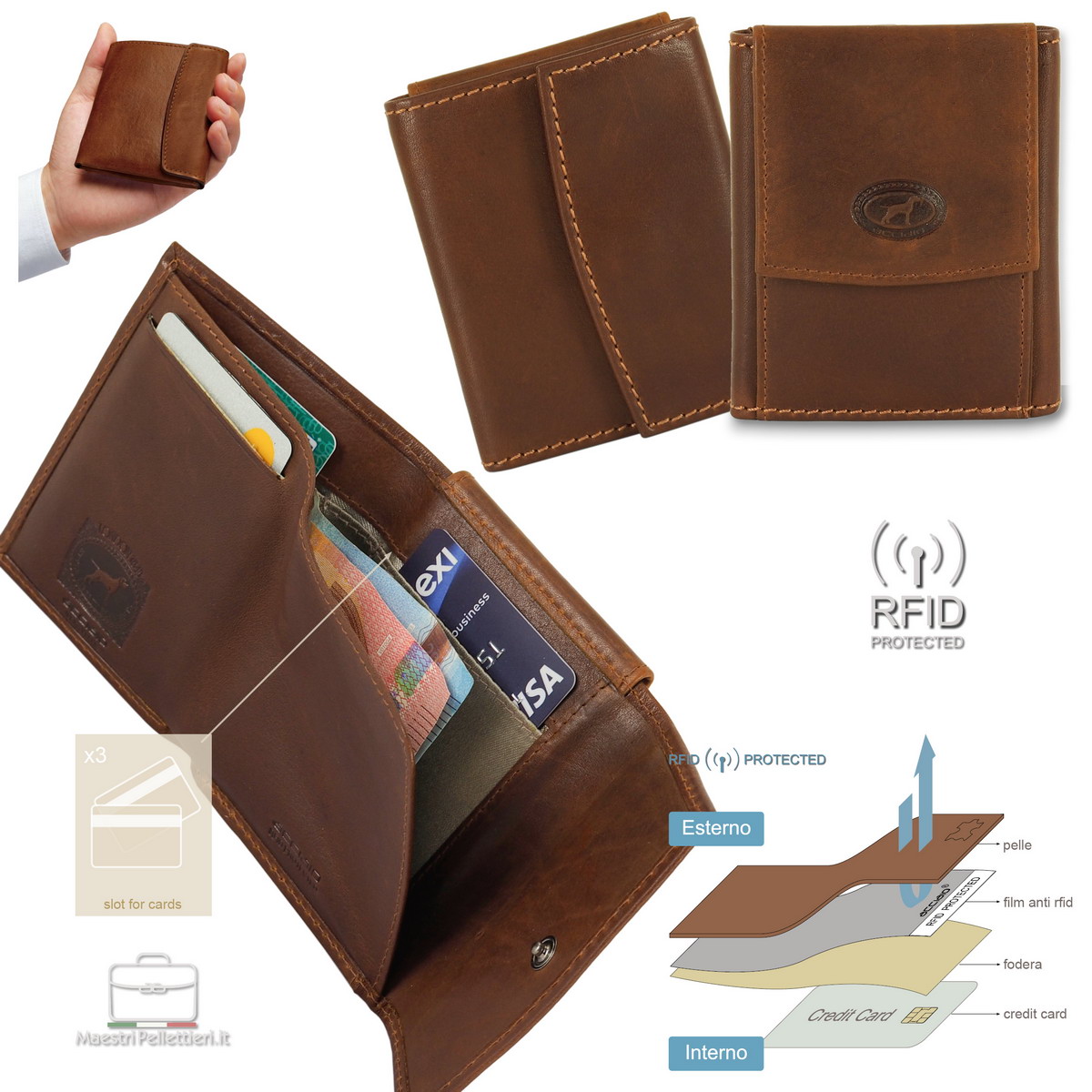 Mini Portefeuille Homme En Véritable Peau - Fait Main En Italie - Marron, Décoré Avec Nappe - Neuf Sans étiquette