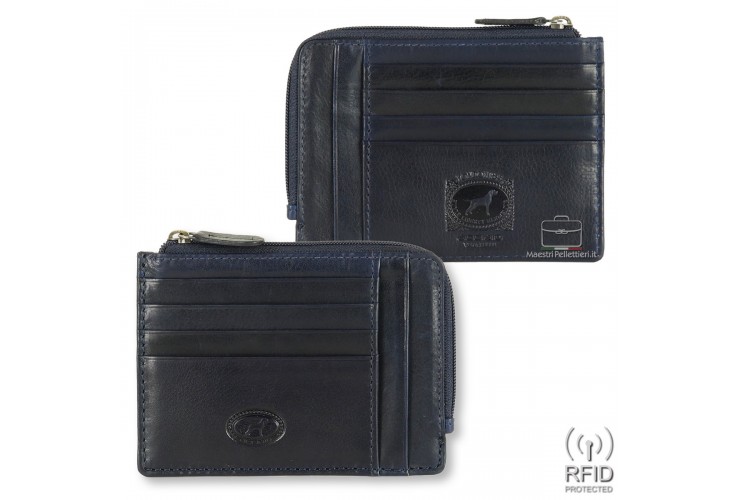 Men's Slim wallet with zip for many cards in leather Blue