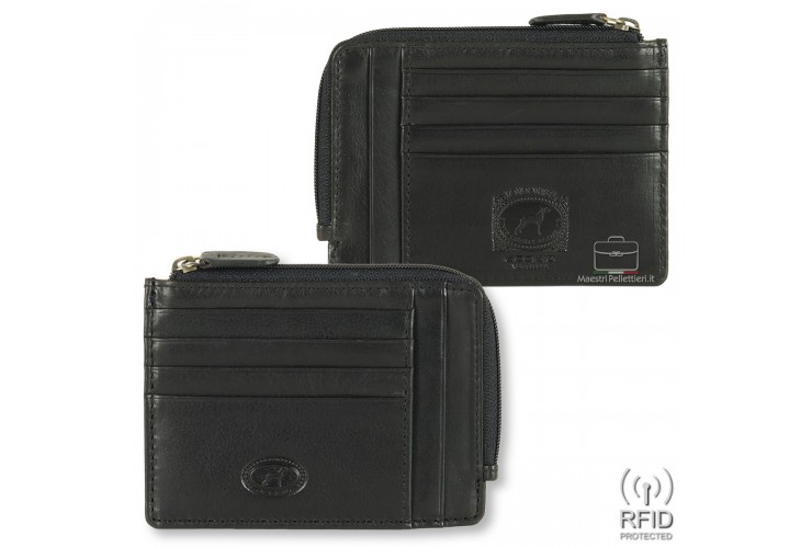Portafoglio portacarte piatto uomo con zip 8cc in pelle Nero