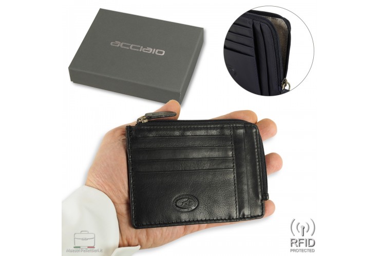 Men's Slim wallet with zip for many cards in leather Black Acciaio