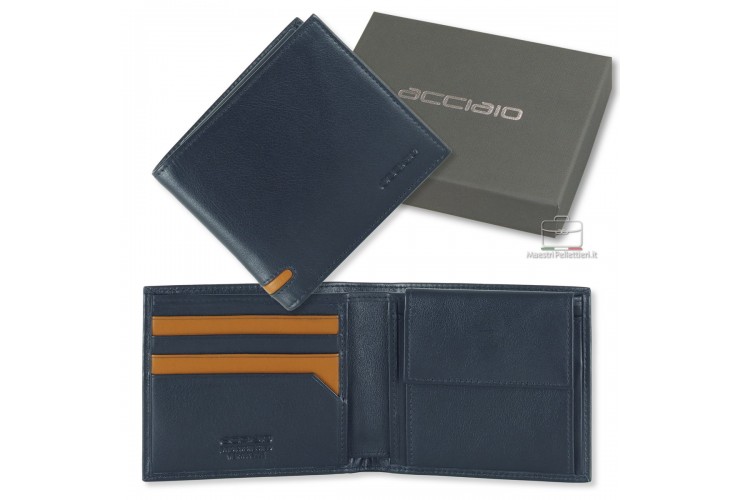 Men's small wallet in leather 7 cards with coin pocket Blue Men's small wallet in leather 7 cards with coin pocket Blue