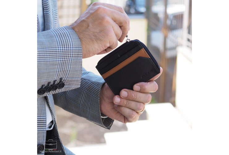 Men's mini credit card holder with zip in leather Blue Men's mini credit card holder with zip in leather Blue