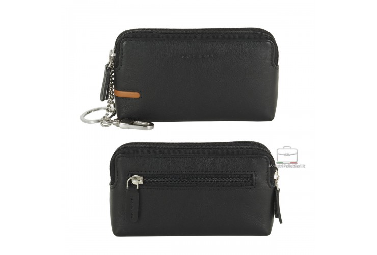 Coin Purse Keychain with 2 zip in soft leather Black Coin Purse Keychain with 2 zip in soft leather Black