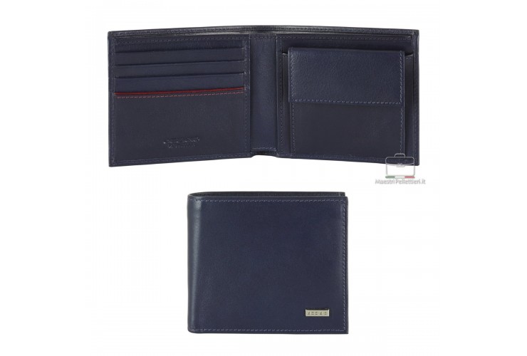 Portafoglio piccolo uomo, portamonete e 4cc in pelle Liscia Blu | Acciaio Portafoglio piccolo uomo, portamonete e 4cc in pelle Liscia Blu