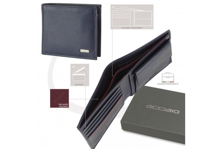 Portafoglio piccolo uomo, portamonete e 4cc in pelle Liscia Blu | Acciaio Portafoglio piccolo uomo, portamonete e 4cc in pelle Liscia Blu
