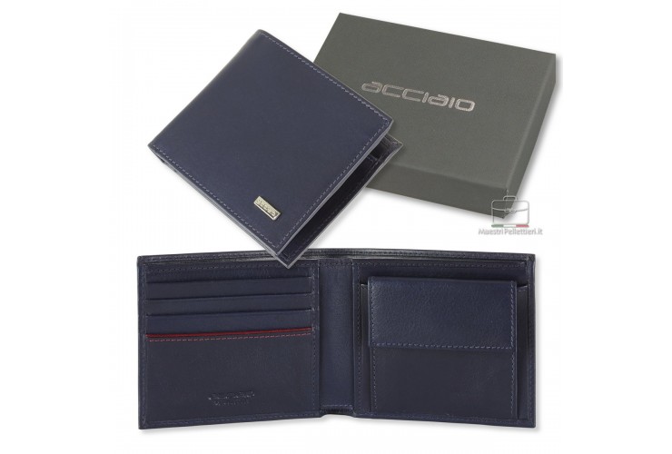 Portafoglio piccolo uomo, portamonete e 4cc in pelle Liscia Blu | Acciaio Portafoglio piccolo uomo, portamonete e 4cc in pelle Liscia Blu
