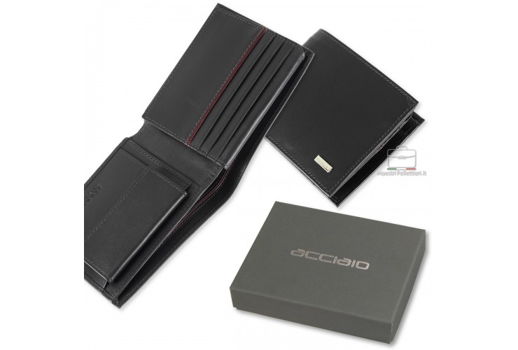 Men's medium Wallet, coin pocket and flap, Smooth leather Black | Acciaio Men's medium Wallet, coin pocket and flap, Smooth leather Black