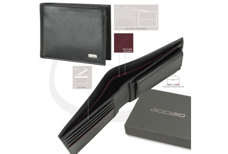 Wallet for Men with Purse classic in smooth leather Black | Acciaio Wallet for Men with Purse classic in smooth leather Black