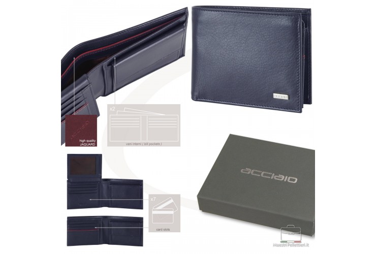 Portafoglio uomo con portamonete e documenti in pelle Liscia Blu | Acciaio Portafoglio uomo con portamonete e documenti in pelle Liscia Blu