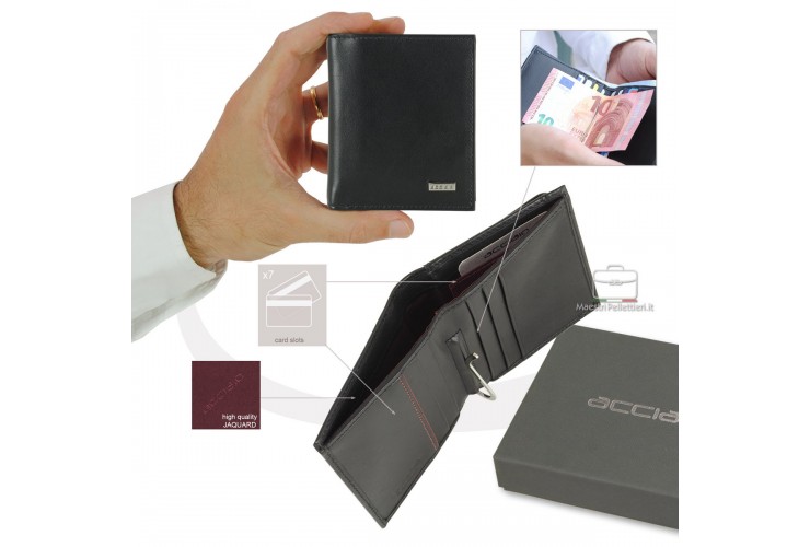 Pocket Wallet Geldscheinklammer aus Glattleder Schwarz | Acciaio Taschengeldklammer aus glattem Leder in Schwarz