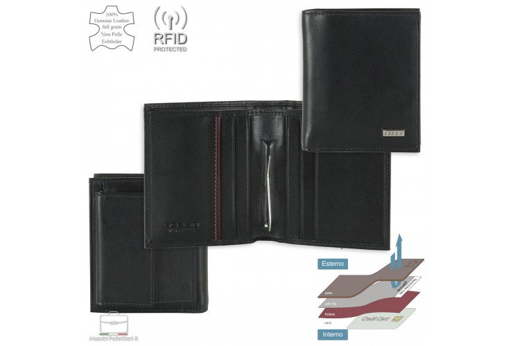 Pocket Wallet Geldscheinklammer aus Glattleder Schwarz | Acciaio Taschengeldklammer aus glattem Leder in Schwarz