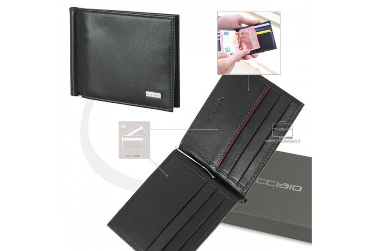 Wallet Money Clip in Smooth Leather Black | Acciaio Wallet Money Clip in Smooth Leather Black