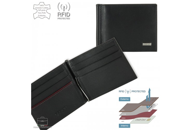 Wallet Money Clip in Smooth Leather Black | Acciaio Wallet Money Clip in Smooth Leather Black