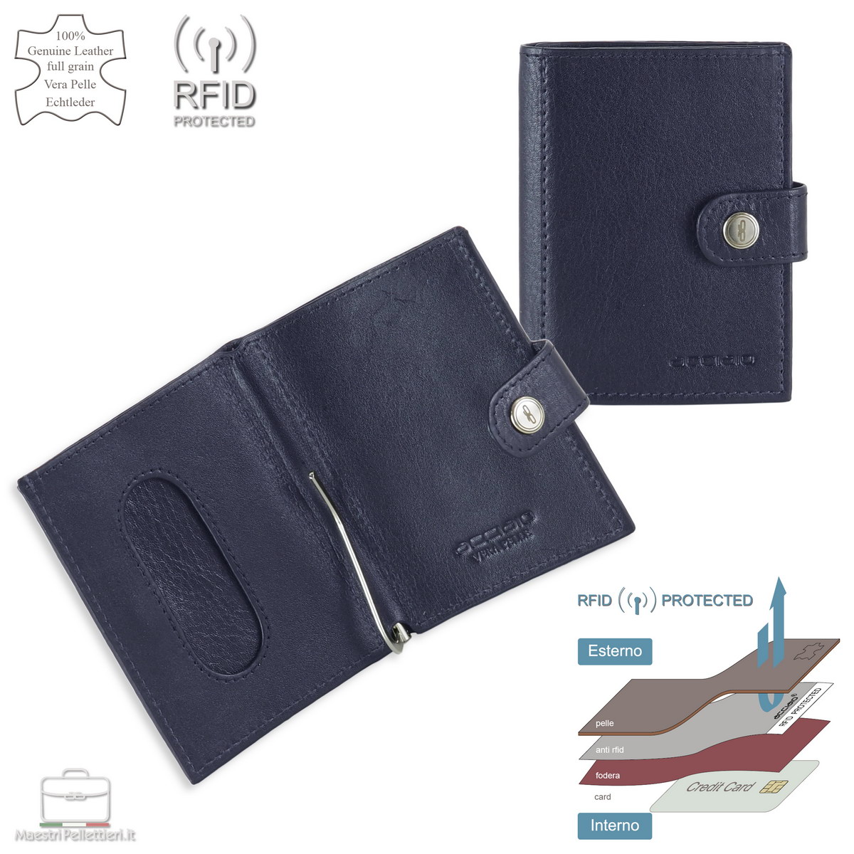 Portafoglio Piccolo In Pelle Bovina Unisex - Porta Carte Di Credito E Contanti, Misura 10,9x8,6 Cm, Colore Blu Moda