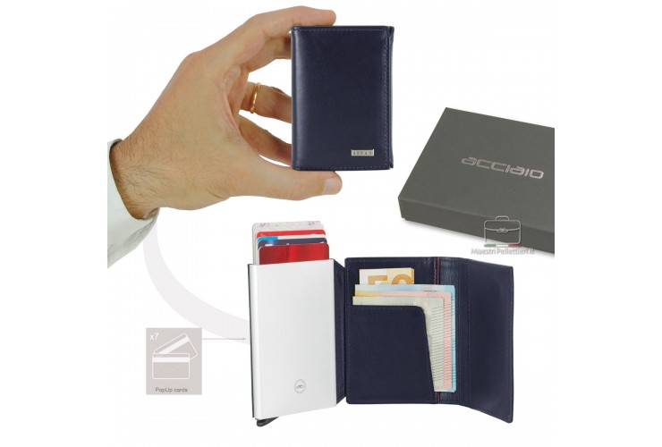 Wallet Popup Rfid card box in Smooth Leather Blue